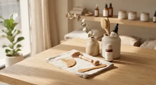 Composición estética con utensilios de madera, toalla de lino y cerámicas neutras sobre mesa de roble claro